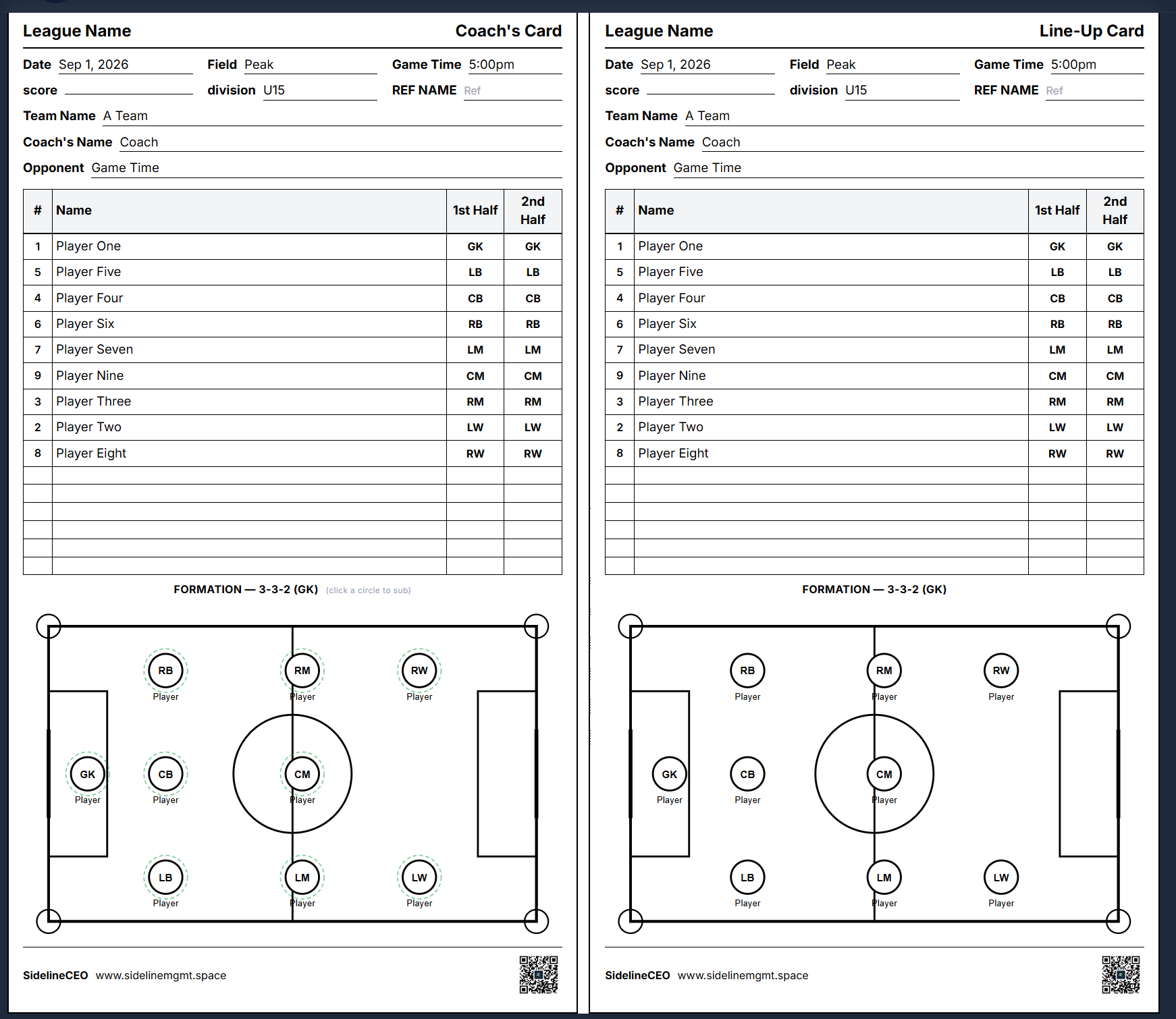 Soccer Game Cards - Coach's Card and Line-Up Card with Formation